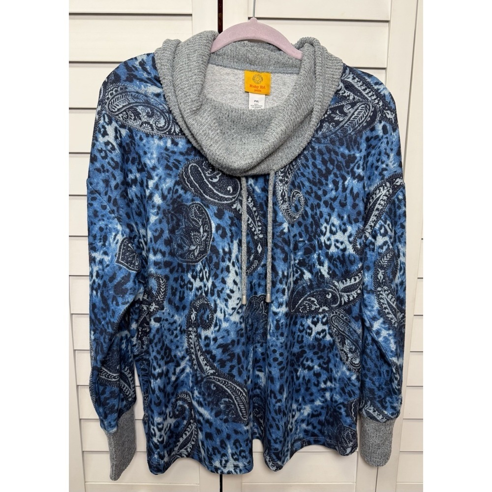 Ruby Rd. Leopard Print Paisley Boho Cowl Neck Pullover Sweater Women's Size PXL